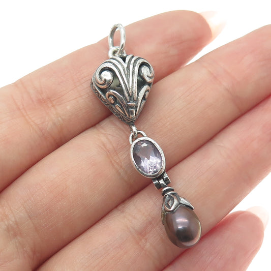 CHAPAL ZENRAY 925 Sterling Silver Vintage Real Pearl & Amethyst Oxidized Pendant