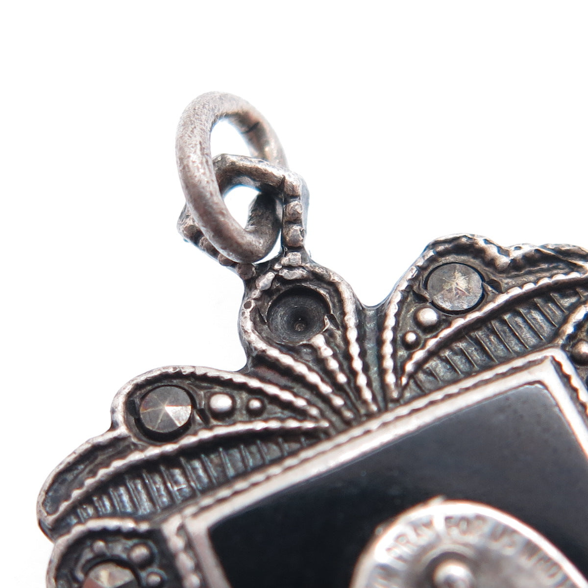 925 Sterling Silver Antique Onyx & Marcasite St. Mary Pendant (missing 4 stones)