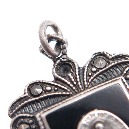 925 Sterling Silver Antique Onyx & Marcasite St. Mary Pendant (missing 4 stones)