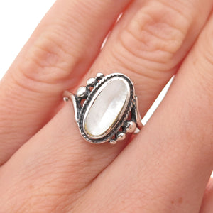 925 Sterling Silver Vintage Real MOP Beaded Oxidized Ring Size 6