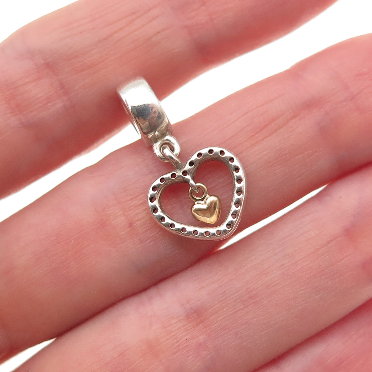 Pandora 925 Sterling Silver Gold Accent C Z Forever in My Heart Dangle Charm