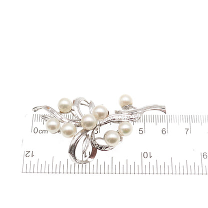 925 Sterling Silver Antique Art Deco Real Akoya Pearl Floral Pin Brooch