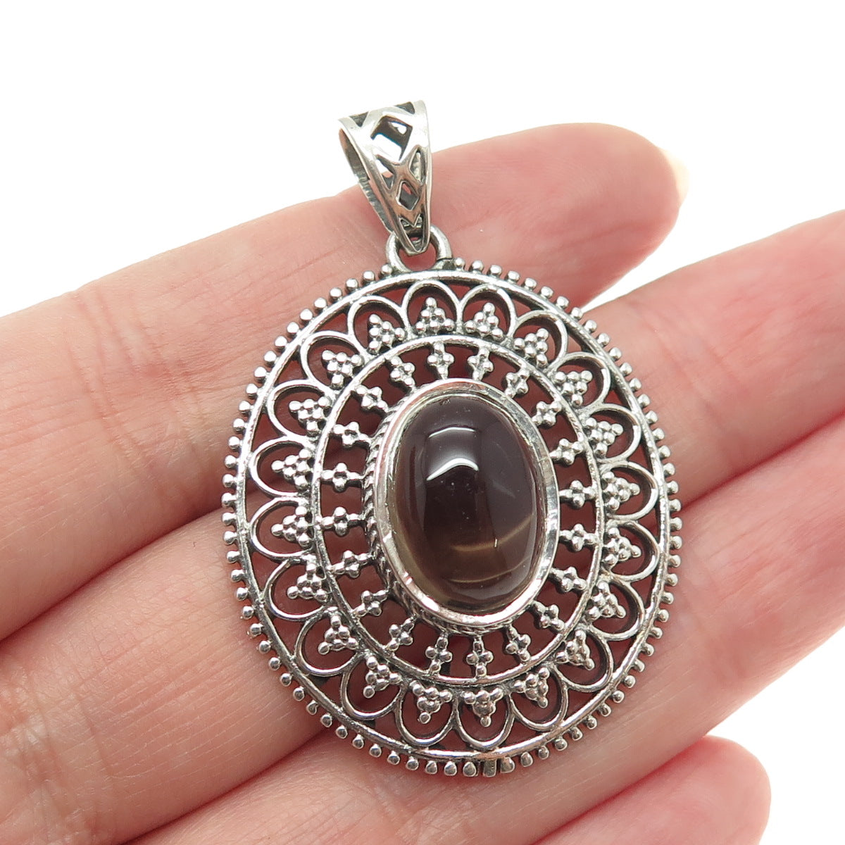 925 Sterling Silver Vintage Real Smoky Quartz Granulated Floral Oxidized Pendant