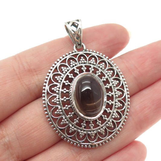 925 Sterling Silver Vintage Real Smoky Quartz Granulated Floral Oxidized Pendant