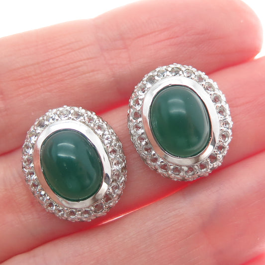 925 Sterling Silver Real Green Chalcedony & White Topaz Earrings