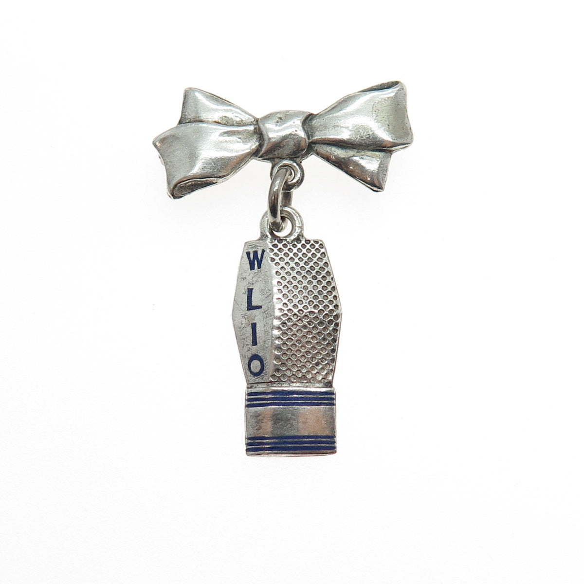 925 Sterling Silver Vintage Enamel WLIO Television Station Bow Oxidized Brooch
