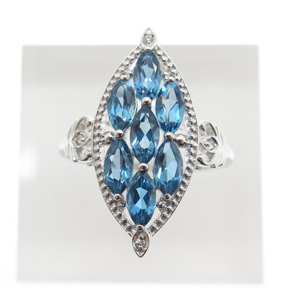 DSMK 925 Sterling Silver Real London Blue & White Topaz Cluster Ring Size 7.25