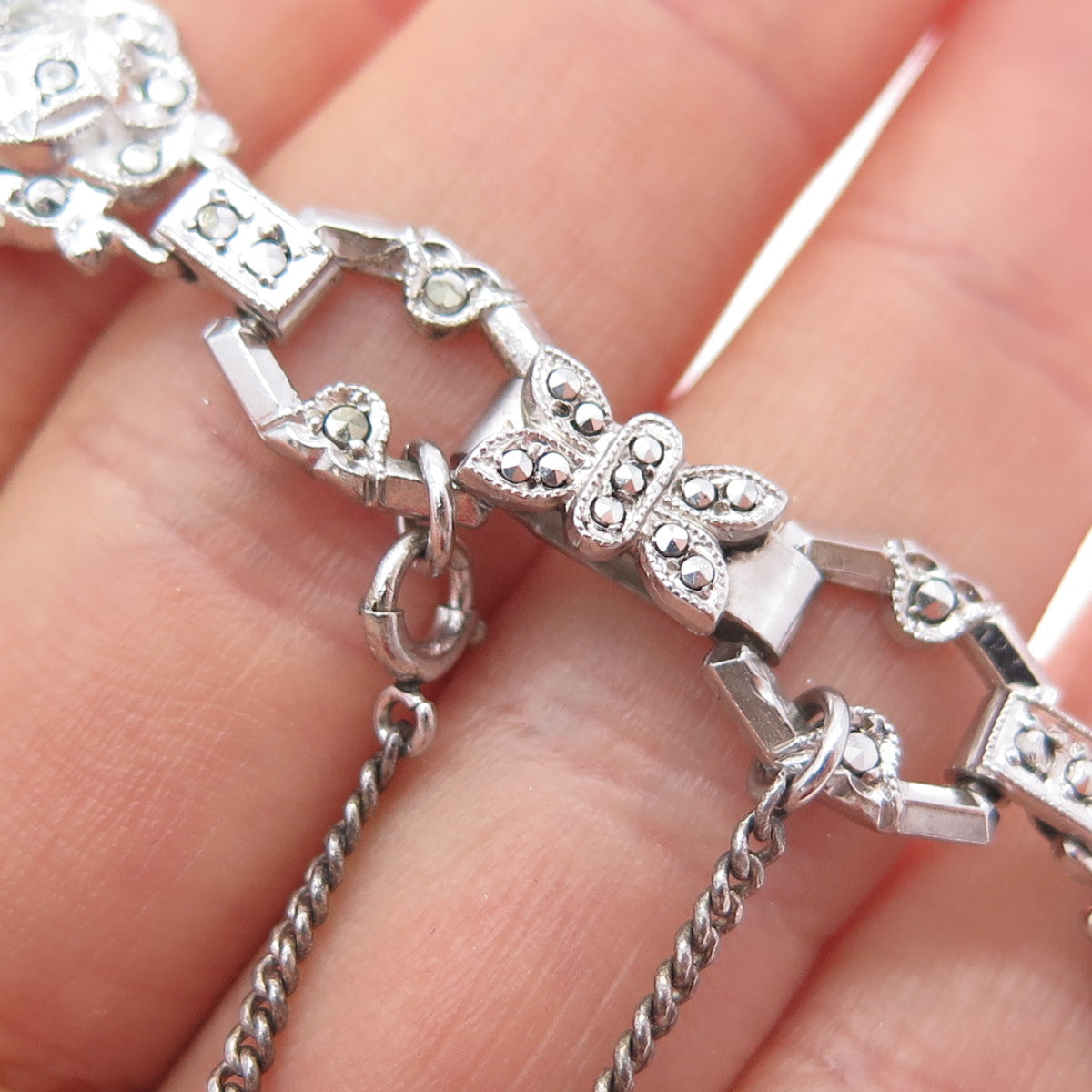 925 Sterling Silver Antique Real Marcasite Rose Bracelet 7" (missing 1 stone)