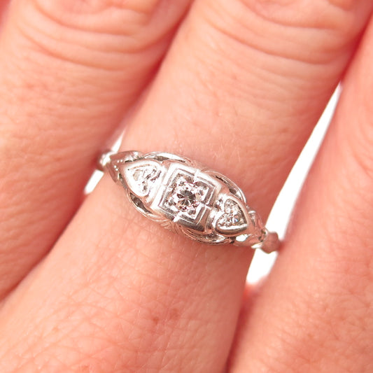 Platinum Antique Art Deco Real Round-Cut Diamond Heart Ring Size 7.5