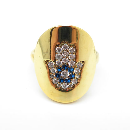 925 Sterling Silver Gold Plated White & Blue C Z Hamsa Hand Ring Size 7