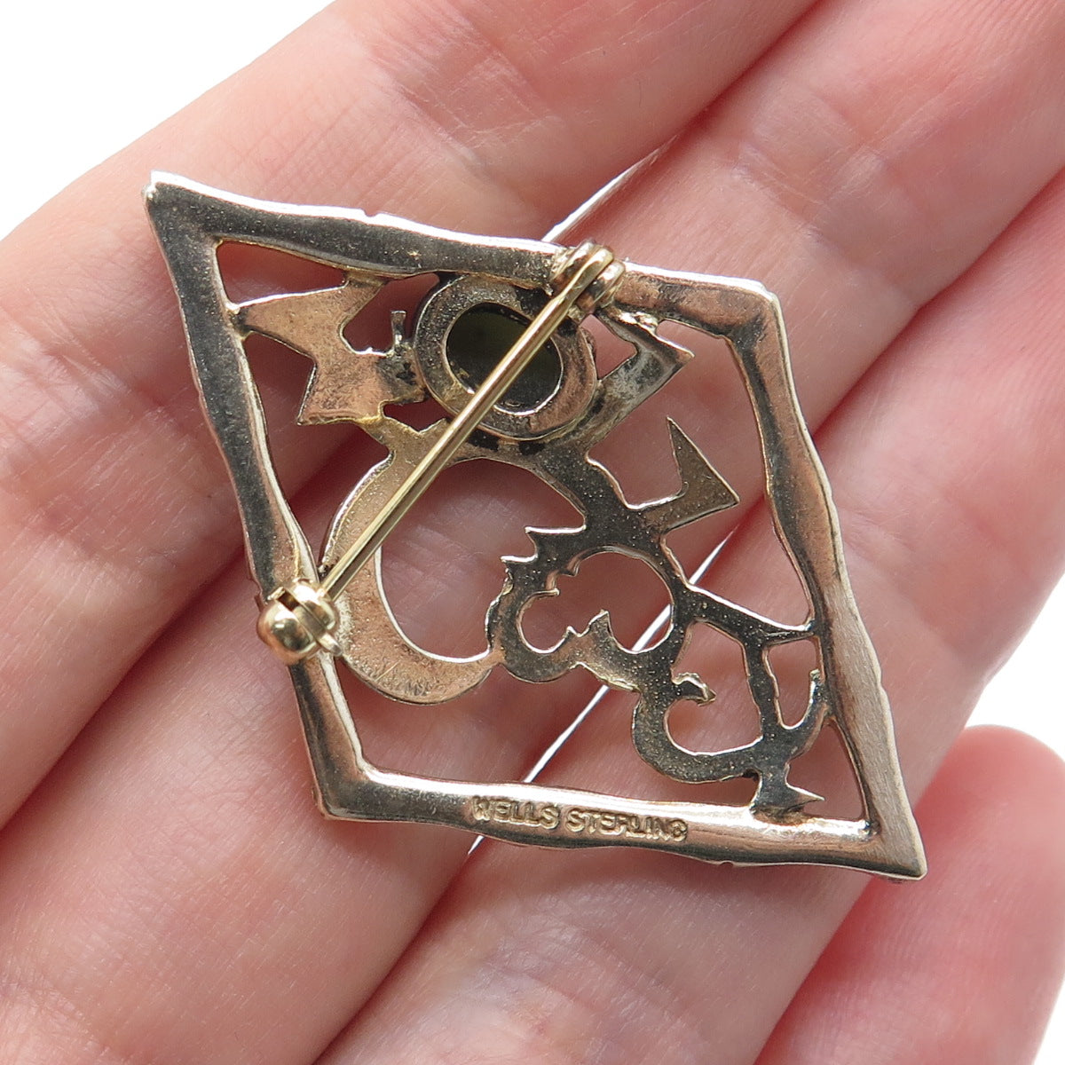 WELLS 925 Sterling Silver Gold Plated Vintage Real Jade Heart Bamboo Pin Brooch
