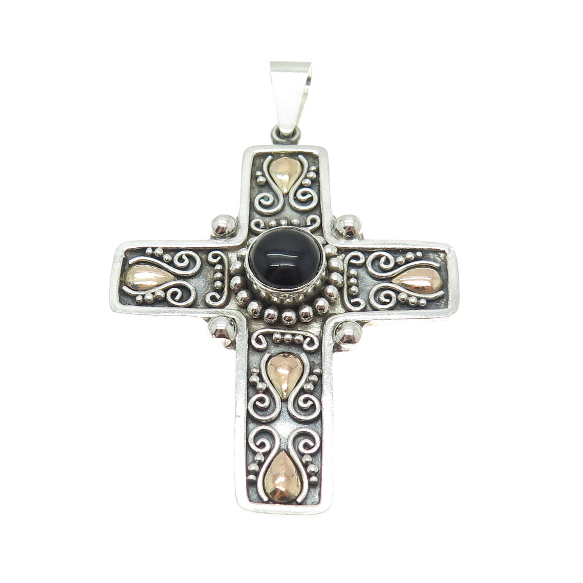 SUARTI BALI 18K Gold & Sterling Silver Vintage Black Onyx Floral Cross Pendant