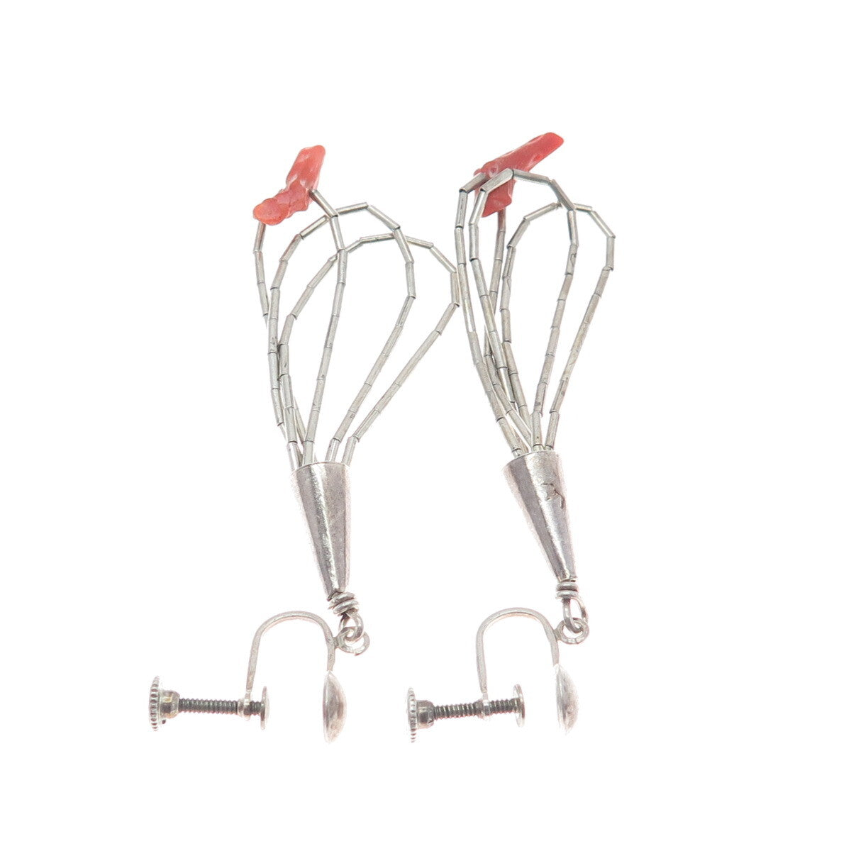 SUNRISE Old Pawn Sterling Silver Coral Liquid Chain Tassel Screw Back Earrings