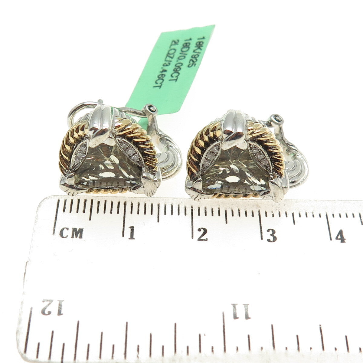 DANWAK 18K Gold Sterling 18 Diamond 0.09ct & 2 Quartz 3.46ct Omega Back Earrings