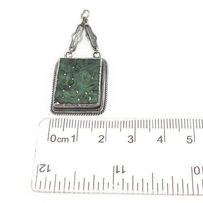 925 Sterling Silver Antique Art Deco Real Jade Carved Floral Chatelaine Pendant