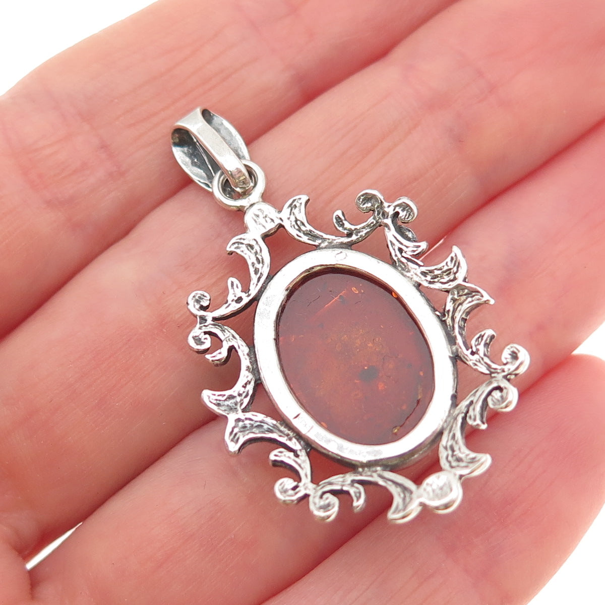 925 Sterling Silver Vintage Real Amber Modernist Floral Charm Pendant