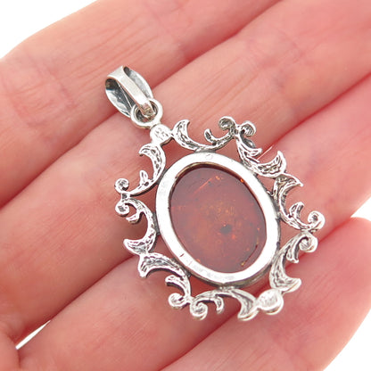 925 Sterling Silver Vintage Real Amber Modernist Floral Charm Pendant