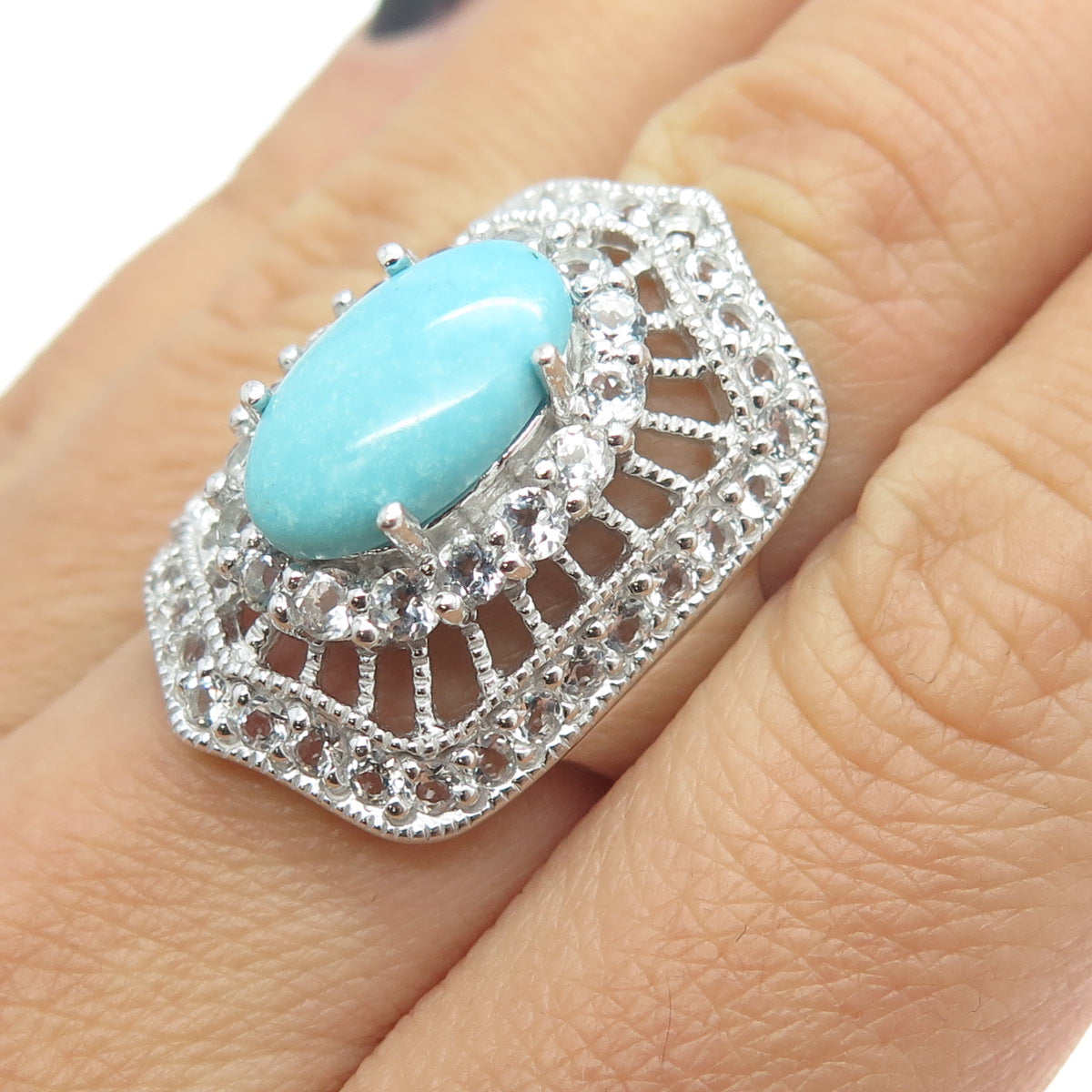 925 Sterling Silver Real Turquoise & White Topaz Bohemian Ring Size 6