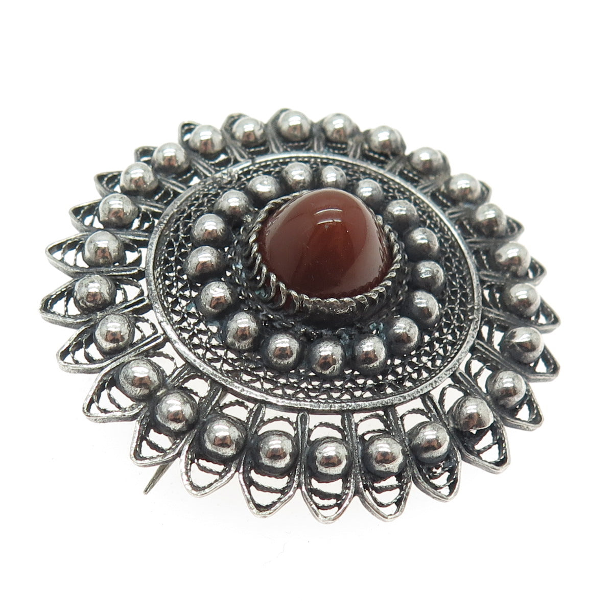 800 Silver Antique Egypt Real Red Agate Gemstone Filigree Pin Brooch