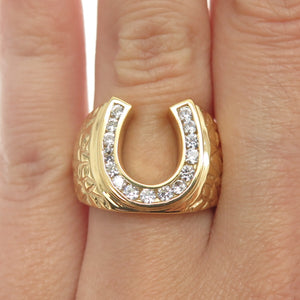 925 Sterling Silver Gold Plated Pave C Z Horseshoe For Good Luck Ring Size 7