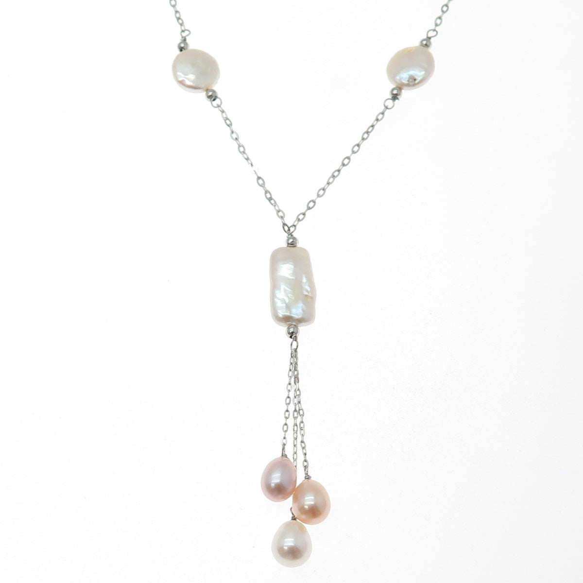925 Sterling Silver Vintage Real Pearl Tassel Station Chain Necklace 16"
