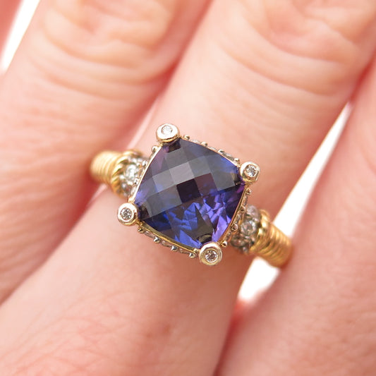 925 Sterling Silver Gold Plated Purple & White C Z Ring Size 7