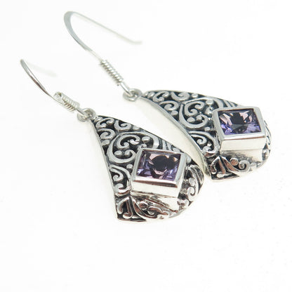 CHAPAL ZENRAY 925 Sterling Silver Vintage Amethyst Gem Ornate Dangling Earrings