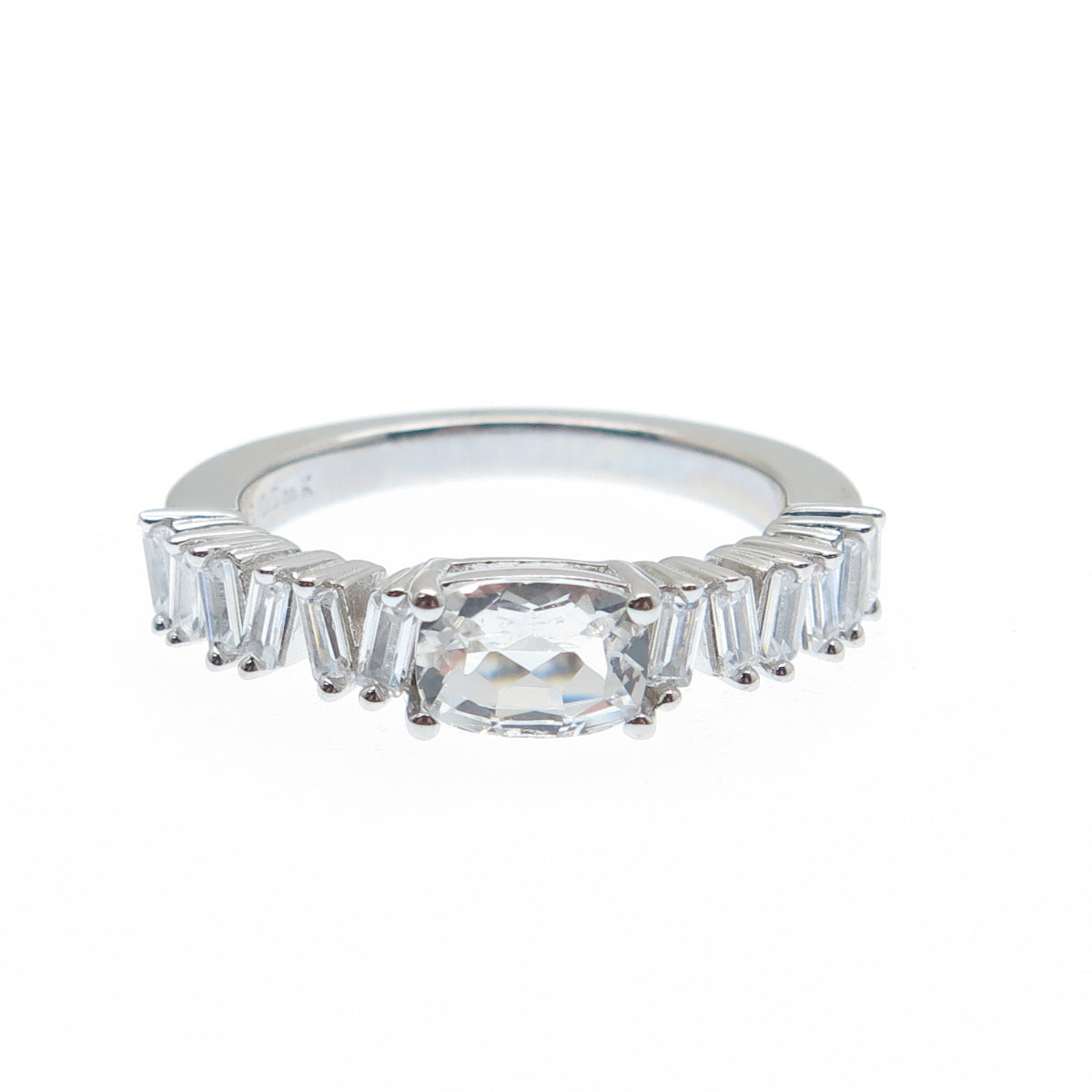 DSMK 925 Sterling Silver Real White Topaz Gem & C Z Half Eternity Ring Size 7.25