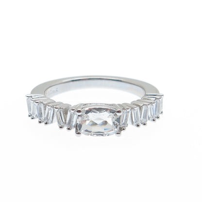 DSMK 925 Sterling Silver Real White Topaz Gem & C Z Half Eternity Ring Size 7.25