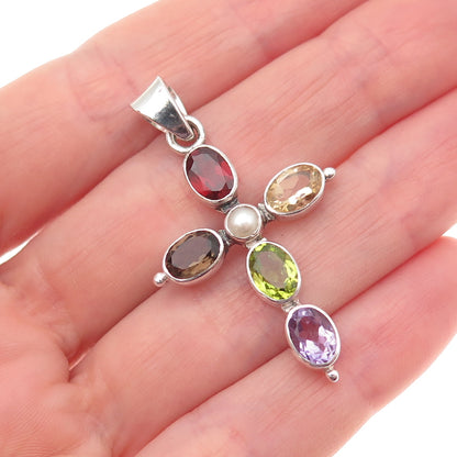 925 Sterling Vintage Pearl Quartz Citrine Garnet Amethyst Peridot Cross Pendant