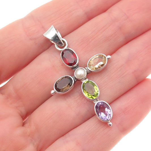 925 Sterling Vintage Pearl Quartz Citrine Garnet Amethyst Peridot Cross Pendant