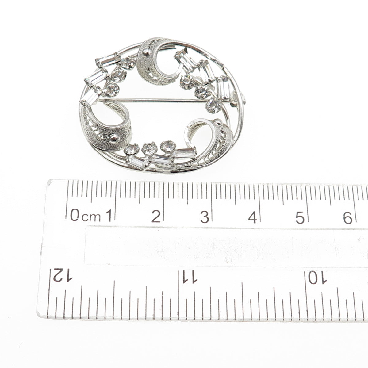 CARL ART Sterling Silver Antique Art Deco Rhinestone Floral Filigree Pin Brooch