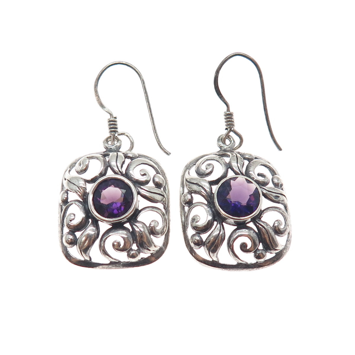 925 Sterling Silver Vintage Real Amethyst Floral Oxidized Dangle Earrings