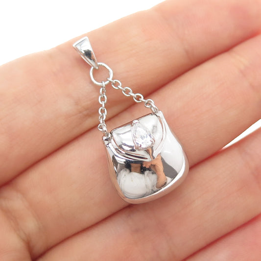 925 Sterling Silver Pear-Cut C Z Ladies Purse Locket Charm Pendant