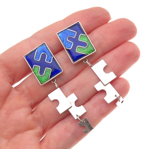 Pino 925 Sterling Silver Vintage Cloisonne Enamel Puzzle Dangle Earrings