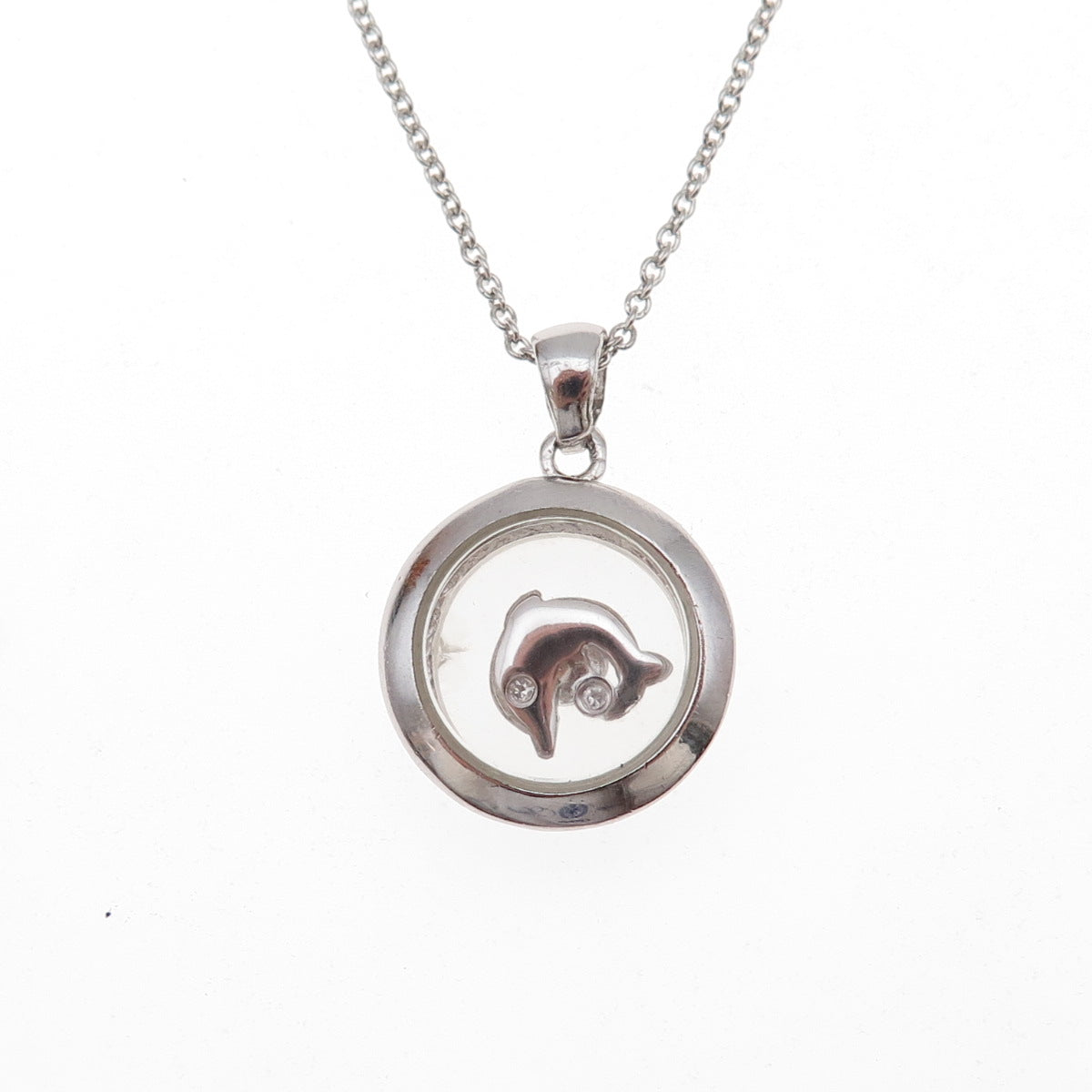 925 Sterling Silver Real Round-Cut Diamond Dolphin Cable Chain Necklace 18"