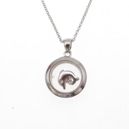 925 Sterling Silver Real Round-Cut Diamond Dolphin Cable Chain Necklace 18"