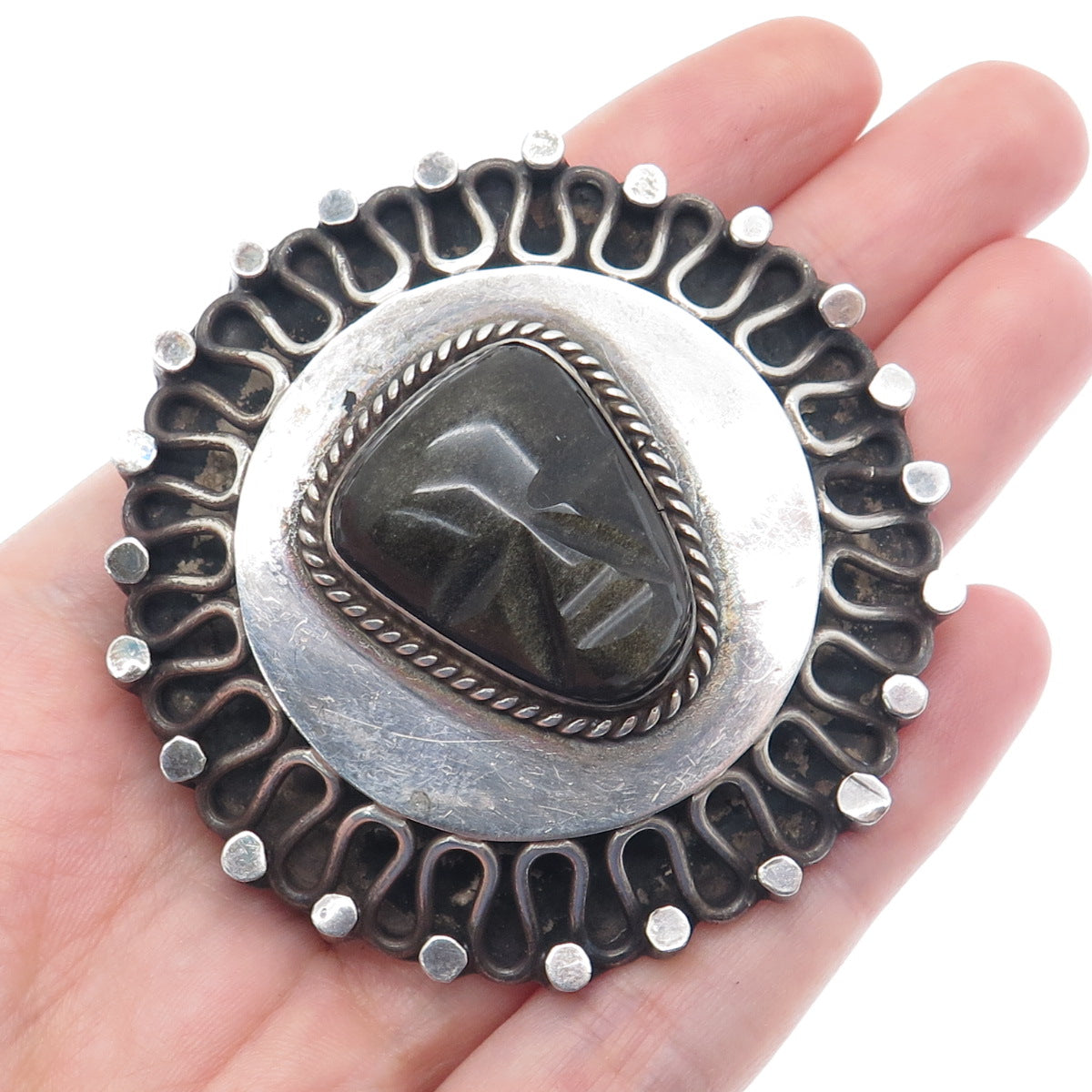 925 Sterling Silver Vintage Mexico Carved Jade Aztec God Face Pin Brooch Pendant