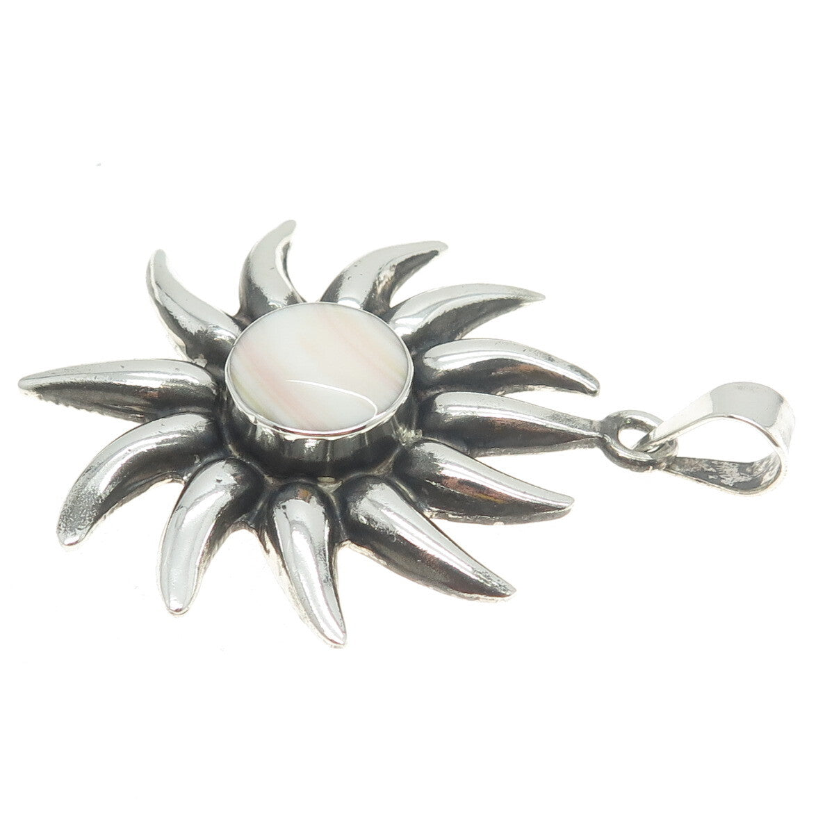 925 Sterling Silver Vintage Mexico Real Rose Agate Sun Pendant