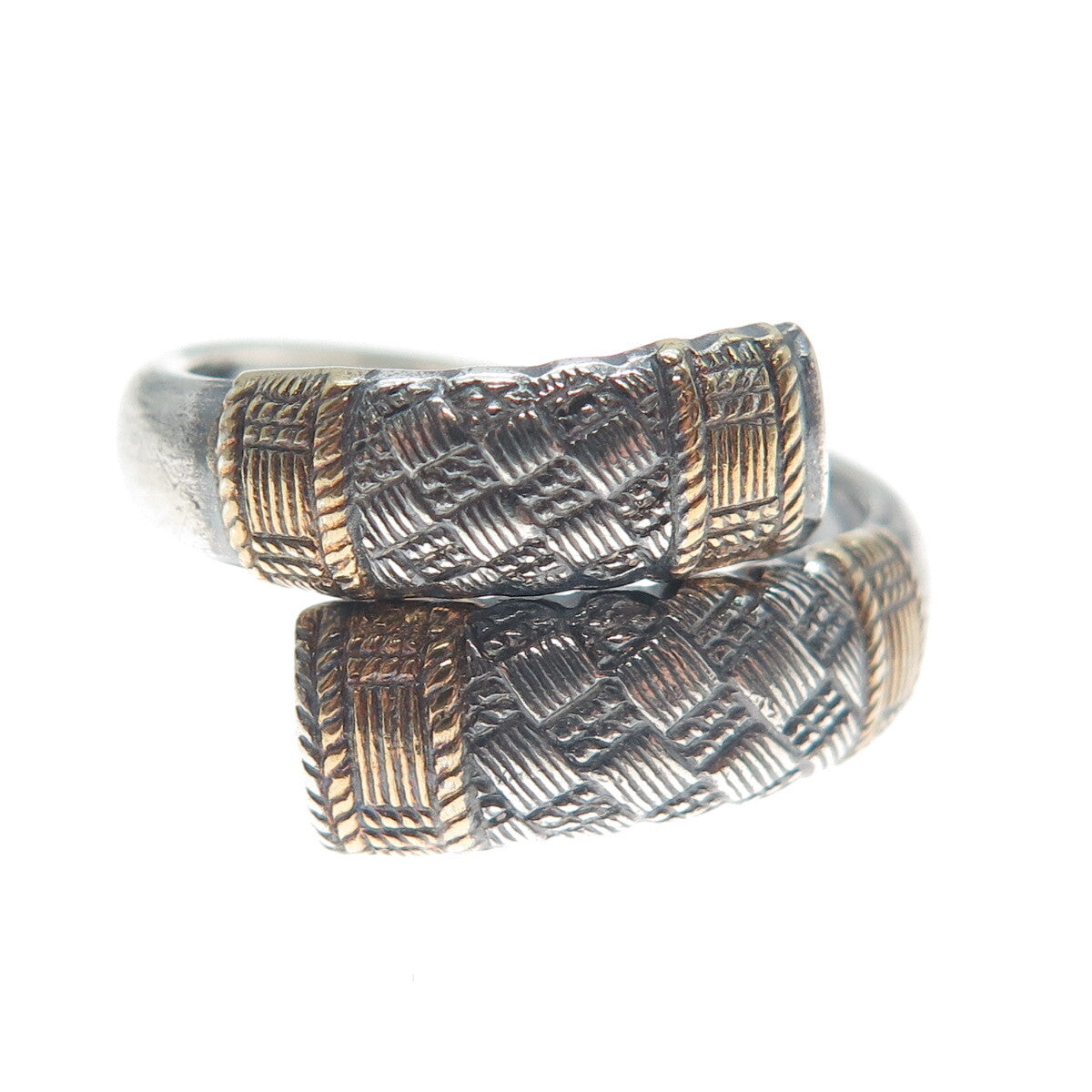 WALLACE 925 Sterling 2-Tone Vintage 1971 Aegean Weave Adjustable Ring Size 7.25