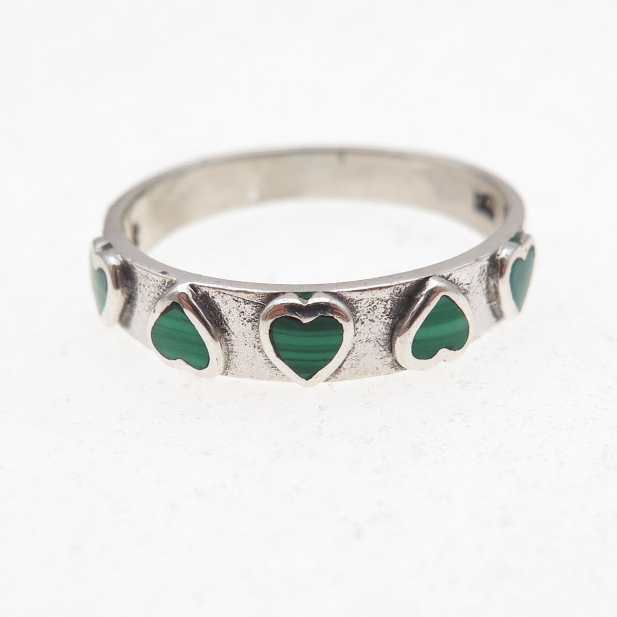 925 Sterling Silver Vintage Real Malachite Heart Oxidized Band Ring Size 8.75