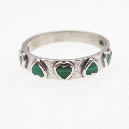 925 Sterling Silver Vintage Real Malachite Heart Oxidized Band Ring Size 8.75