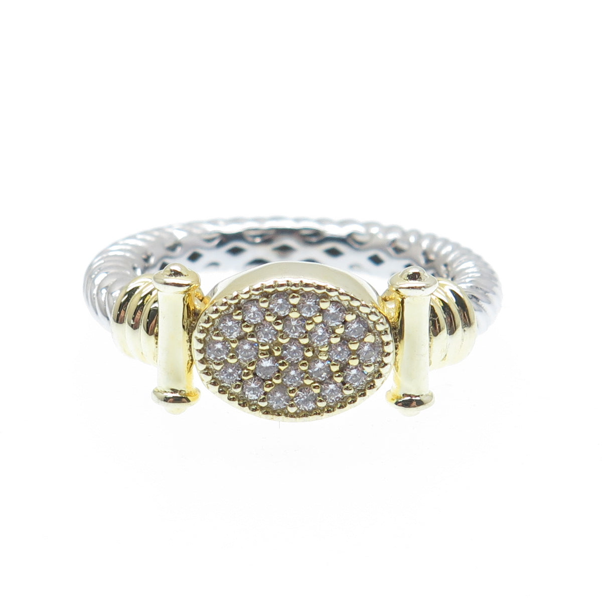 DSMK 925 Sterling Silver 2-Tone Round-Cut Shaped C Z Twisted Ring Size 7.25