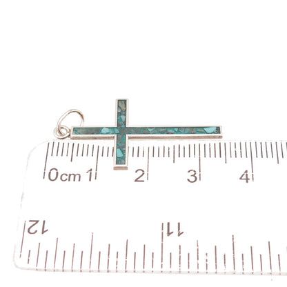 925 Sterling Silver Vintage Real Turquoise Inlay Cross Charm Pendant