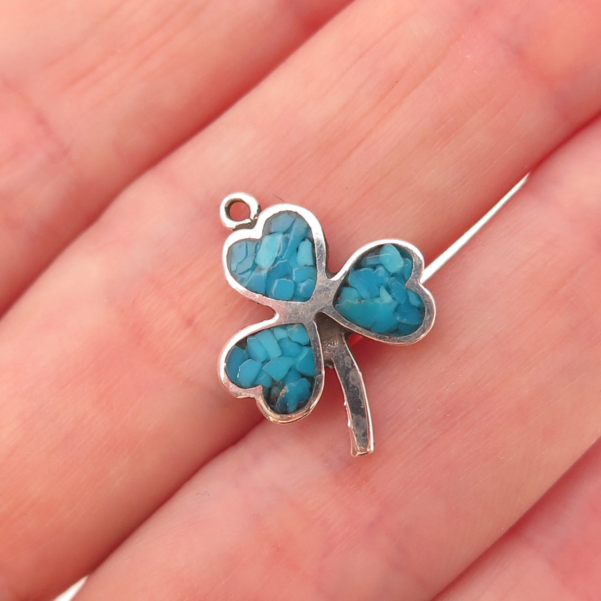 Tommy Long Navajo Old Pawn 925 Sterling Vintage Turquoise Inlay Clover Pendant