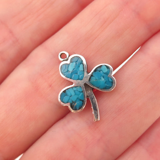 Tommy Long Navajo Old Pawn 925 Sterling Vintage Turquoise Inlay Clover Pendant