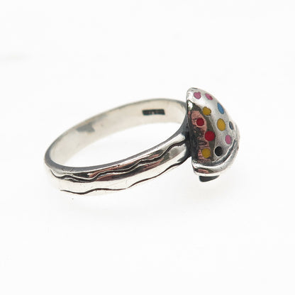 925 Sterling Silver Vintage Enamel Mushroom Oxidized Ring Size 9