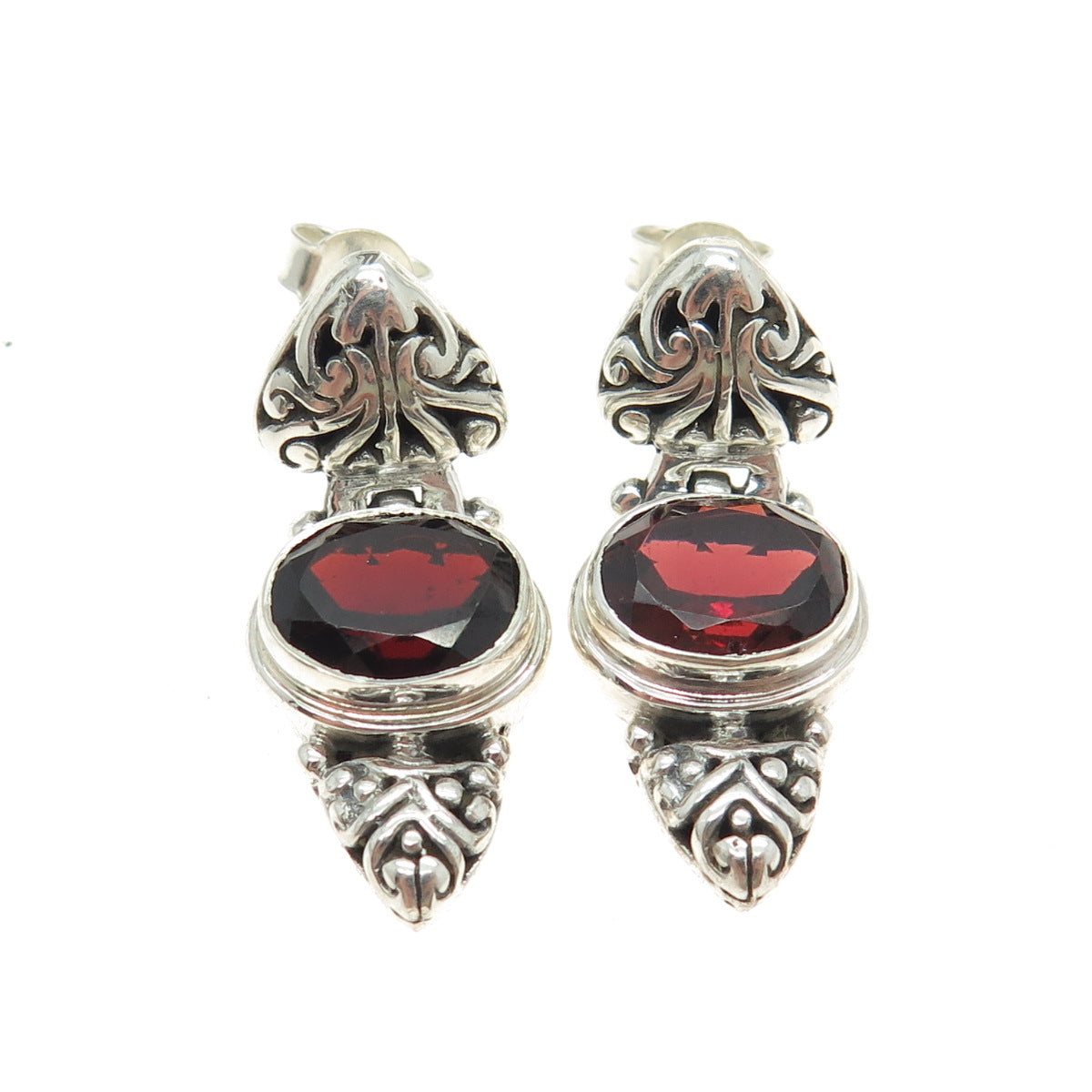 925 Sterling Silver Vintage Real Red Garnet Swirl Heart Earrings