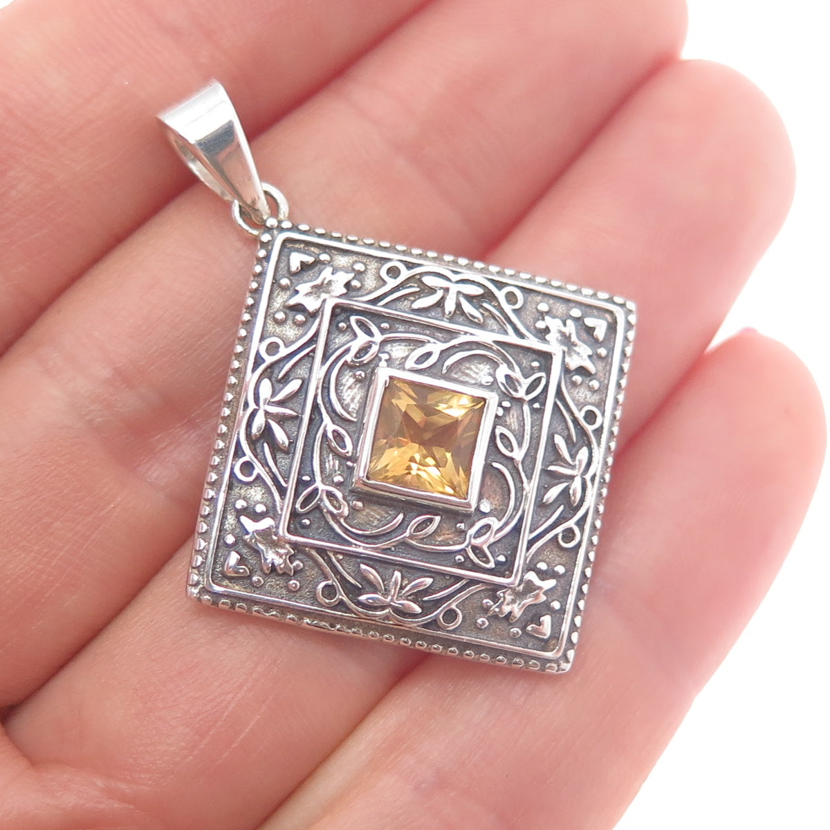 925 Sterling Silver Vintage Real Citrine Ornate Floral Oxidized Charm Pendant