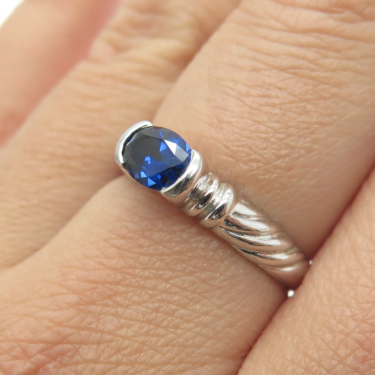 925 Sterling Silver Lab-Created Sapphire Ribbed Ring Size 8